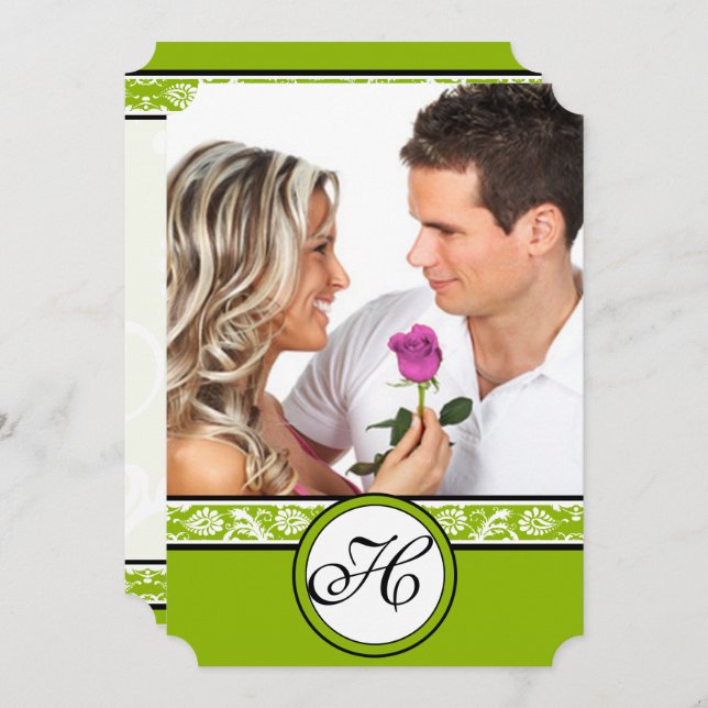 Your Photo Damask Apple Green Wedding Invitation (Front/Back)