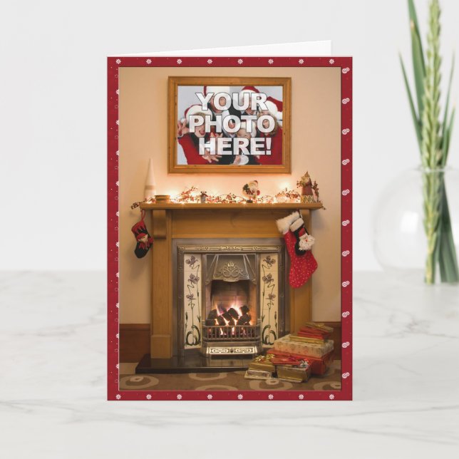 Your Photo- Elegant Christmas stocking & Fireplace Holiday Card (Front)