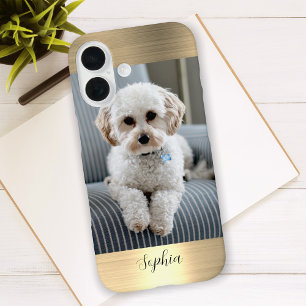 Your Photo, Faux Gold Metal & Script Name iPhone 16 Case