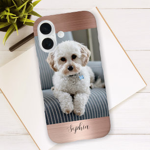 Your Photo, Faux Rose Gold Metal & Script Name iPhone 16 Case