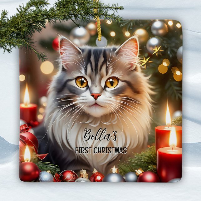 Your Photo First Christmas Cat Ceramic Ornament (Christmas ornament featuring your custom cat (or other) photo with optional gold stylized stars)