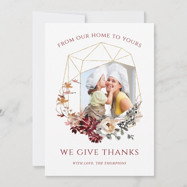 Your Photo Floral Geometric Thanksgiving Holiday Card (Front)