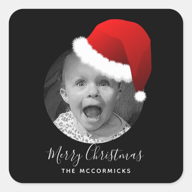 Your Photo Funny Christmas Santa Hat Family Name Square Sticker (Front)