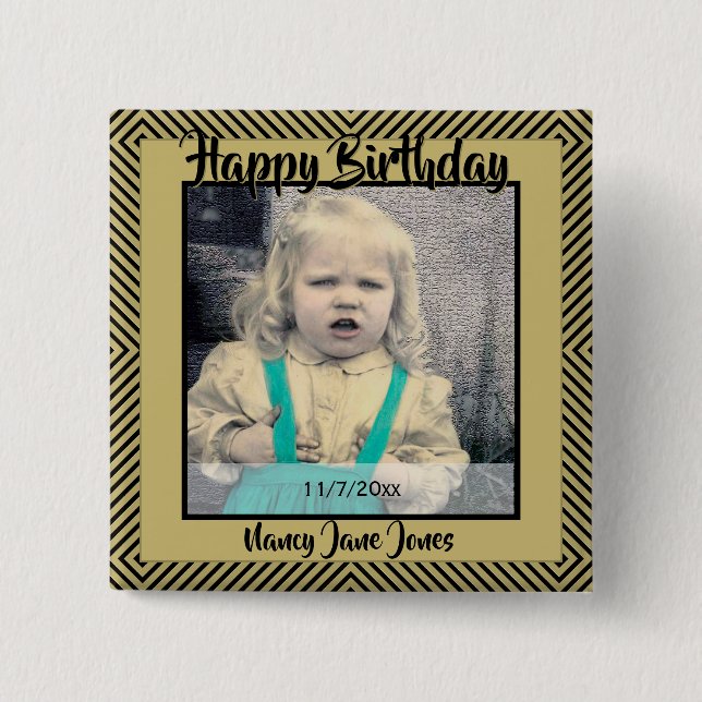 Your Photo: Geometric Diagonal Lines Black & Gold 15 Cm Square Badge (Front)