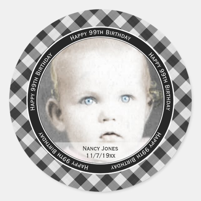 Your Photo:  Gingham Checks Pattern Black/White Classic Round Sticker (Front)