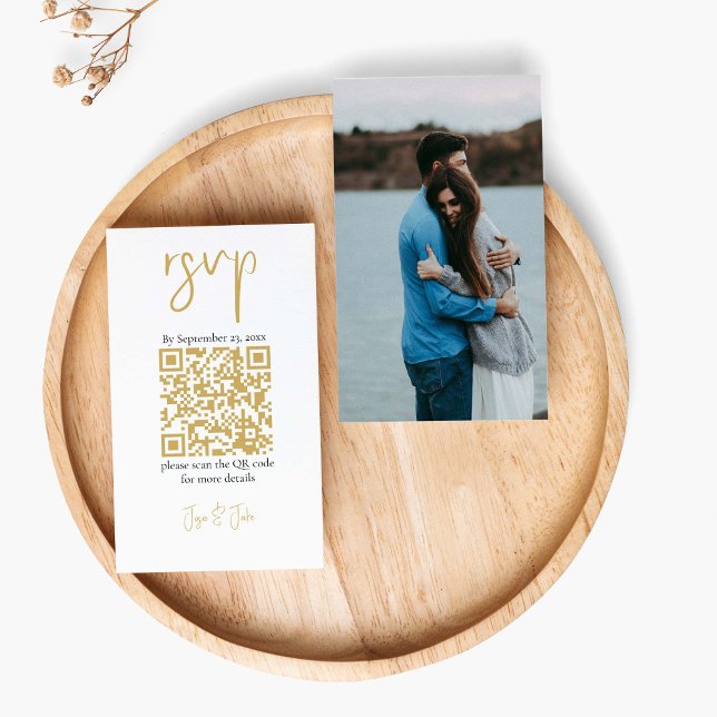 Your photo gold QR code black wedding RSVP Enclosure Card (Elegant RSVP enclosure card! Featuring a full photo and a stunning gold QR code.)