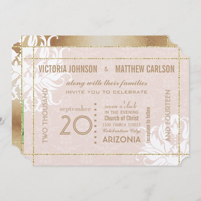 Your Photo Gold Rose Damask Floral Wedding Invitation (Front/Back)