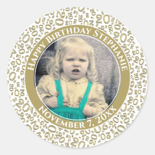 Your Photo Gold/White 20 Random Number Pattern Classic Round Sticker