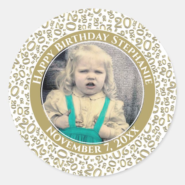 Your Photo Gold/White 20 Random Number Pattern  Classic Round Sticker (Front)