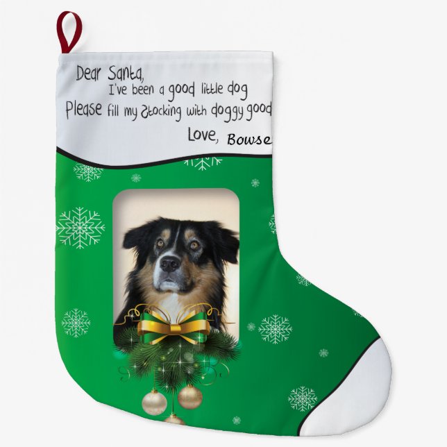 YOUR PHOTO Green Snowflake I've Been Good Dog Xmas Large Christmas Stocking (Front)