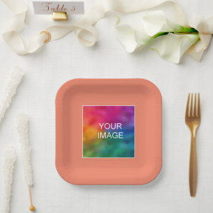 Your Photo Image Or Logo Here Salmon Peach Square Paper Plate