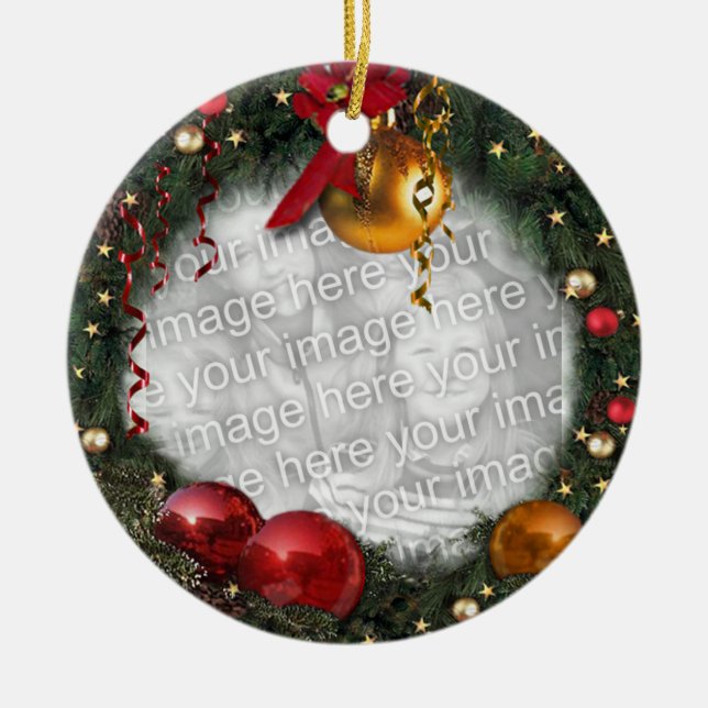 Your Photo in a Christmas Wreath Ceramic Ornament (Front)