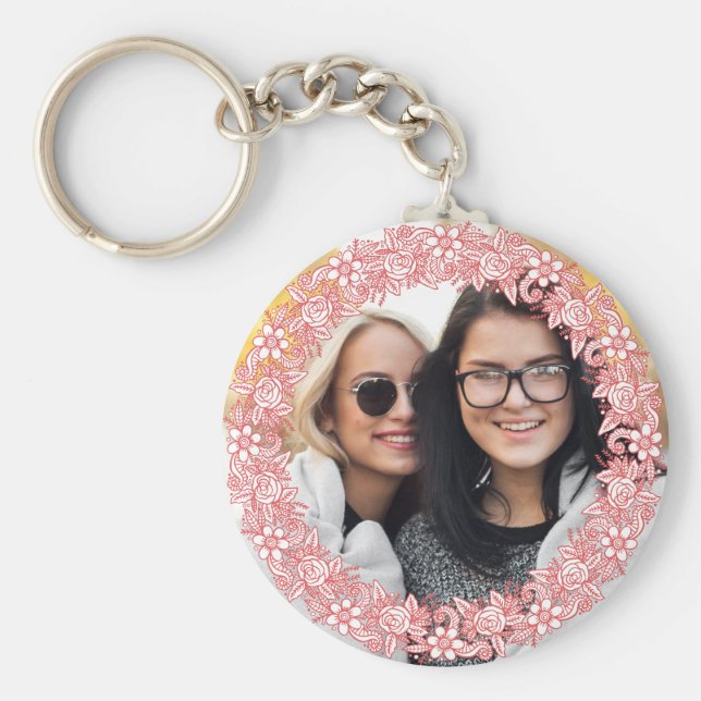 YOUR PHOTO in a Flower Wreath Frame key chains (Front)