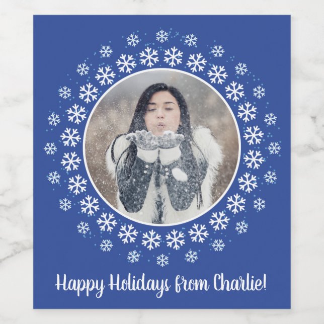 YOUR PHOTO in a Snowflake Frame custom text labels (Single Label)
