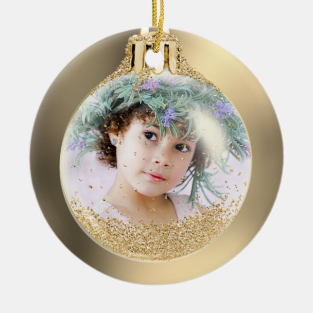 Your Photo into Golden Christmas Ball Custom Ceramic Ornament (Front)