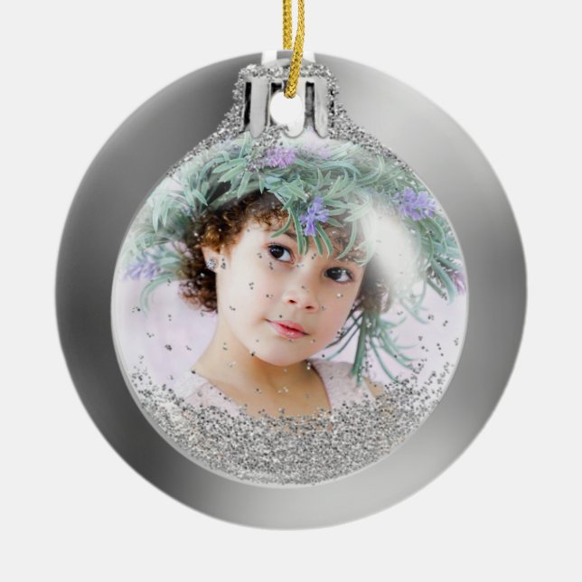 Your Photo into Silver Christmas Ball Custom Ceramic Ornament (Front)