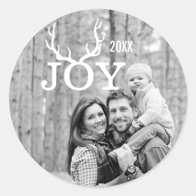 Your Photo Joy Deer Antler Christmas Holiday Classic Round Sticker (Front)