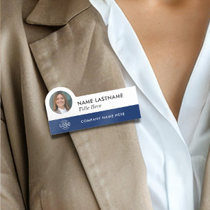 Your Photo Logo Title Navy Blue White Stylish Name Tag