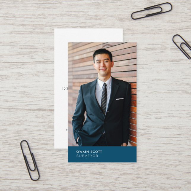 Your photo, modern blue title business card (Front/Back In Situ)