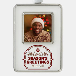 YOUR photo & name custom Season's Greetings Silver Plated Framed Ornament
