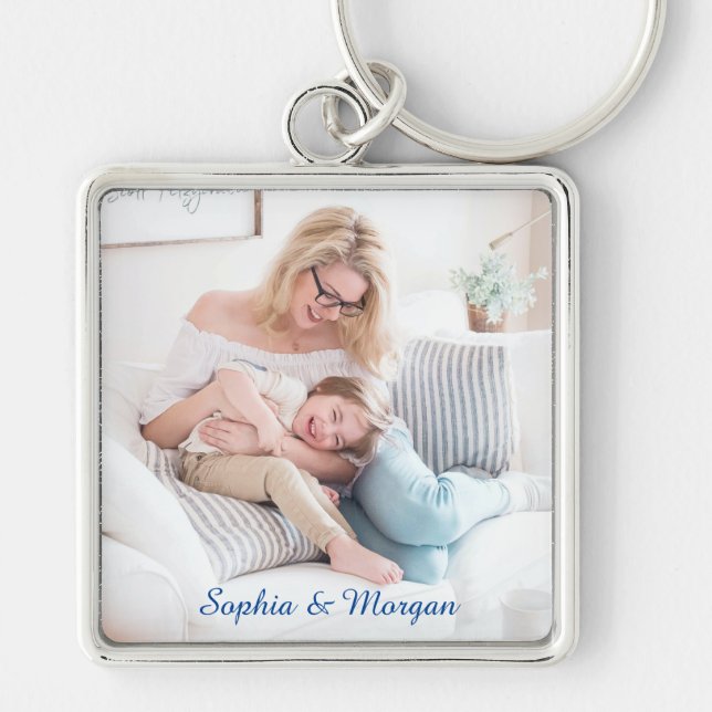 Your Photo & Name(s) in Blue Script Key Ring (Front)