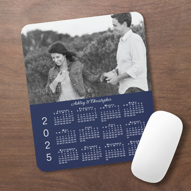 Your Photo Names Navy Blue 2025 Calendar Mouse Pad (Your Photo and Names Navy Blue 2025 Calendar Mouse Pad in situ)