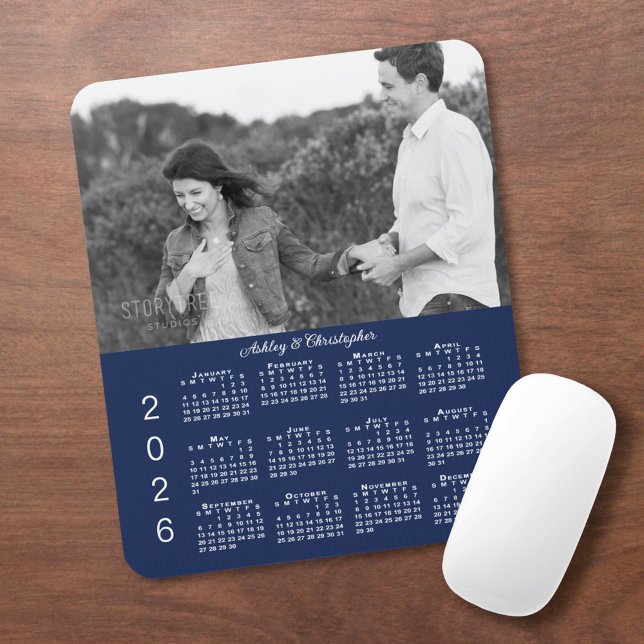 Your Photo Names Navy Blue 2026 Calendar Mouse Pad (Your Photo Names Navy Blue 2026 Calendar Mouse Pad, in situ)