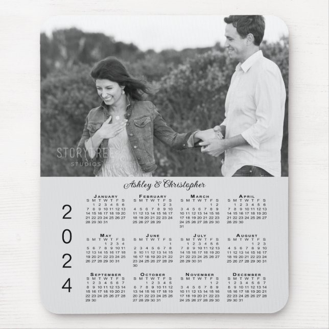 Your Photo Names Personalised Grey 2024 Calendar Mouse Pad (Front)