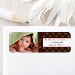 Your Photo New Baby It's A Girl Brown & Pink Dots Return Address Label