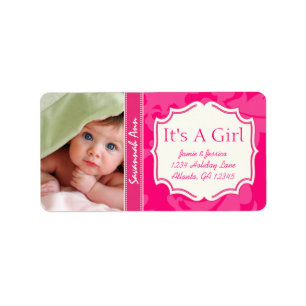 Your Photo New Baby Its A Girl PINK Vintage Floral Label