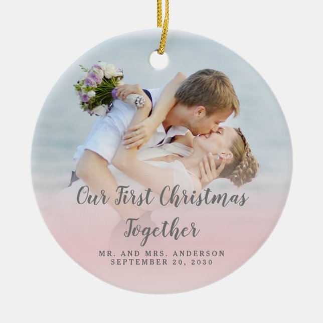 Your Photo Newlyweds Our First Christmas Holiday Ceramic Ornament (Front)
