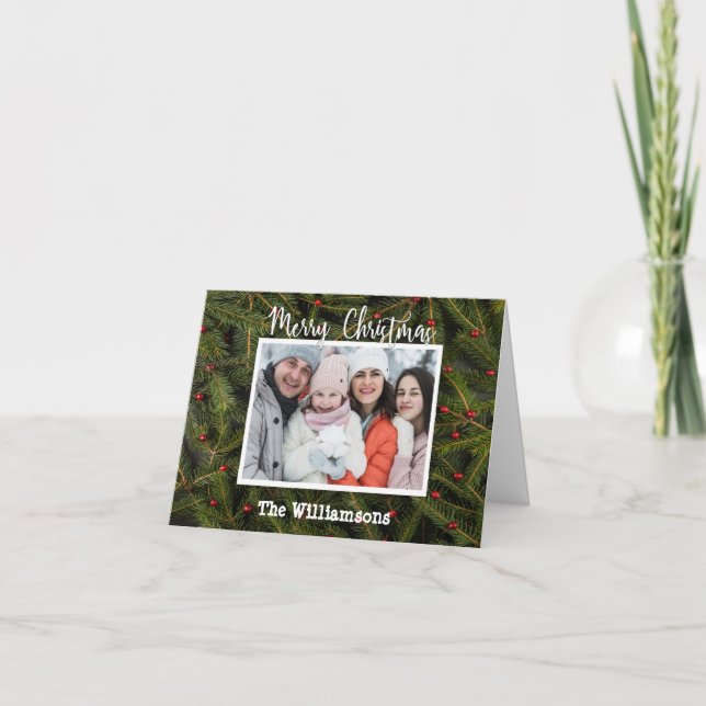 Your Photo on Pine Branches Merry Christmas Holiday Card (Front)