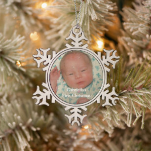Your Photo Personalised Baby First Christmas Snowflake Pewter Christmas Ornament