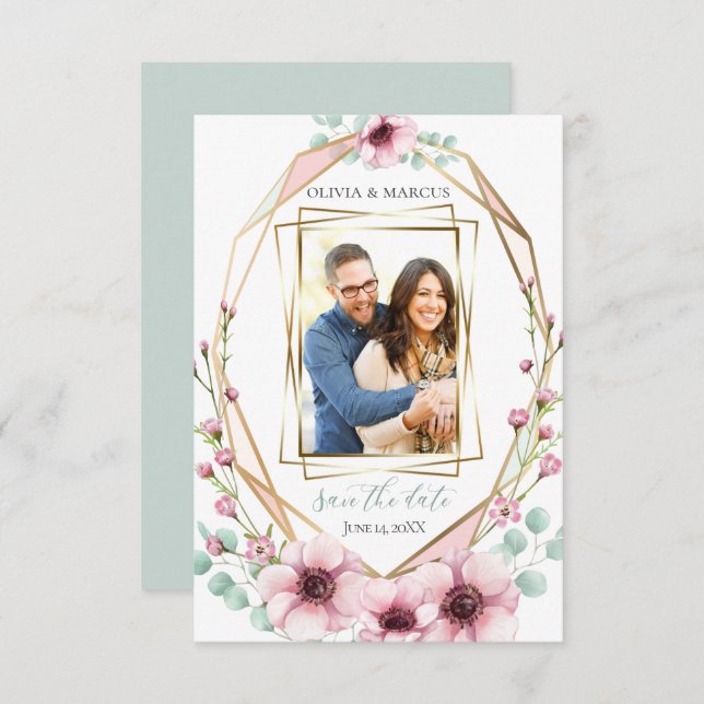 Your Photo Pink Anemone Flowers Eucalyptus Invitation (Front/Back)