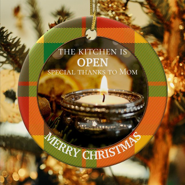 Your Photo Plaid Kitchen Personalised Christmas Ceramic Ornament (A feel-good Christmas ornament featuring your own custom photo framed by a colorful plaid design)