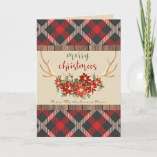 YOUR PHOTO   Plaid Woodland Antlers Christmas Holiday Card