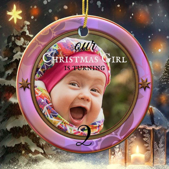 Your Photo Purple Girly Birthday Christmas Ceramic Ornament (Christmas child birthday girl festive holiday photo ornament)