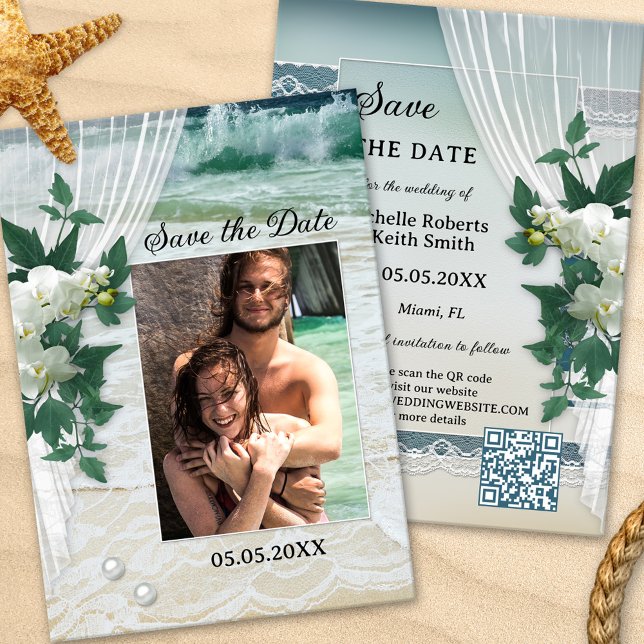 Your Photo QR Code Beach Orchid Save the Date Card (Creator Uploaded)