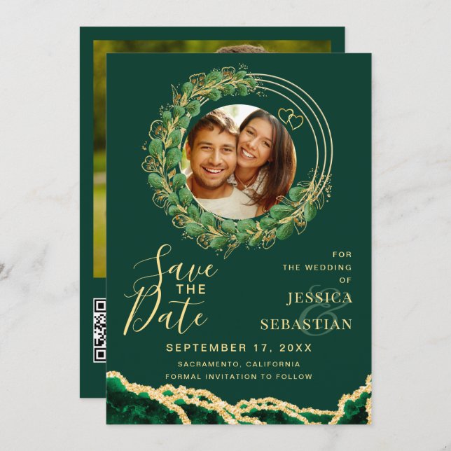 Your Photo QR Code Emerald Green & Gold Save The Date (Front/Back)