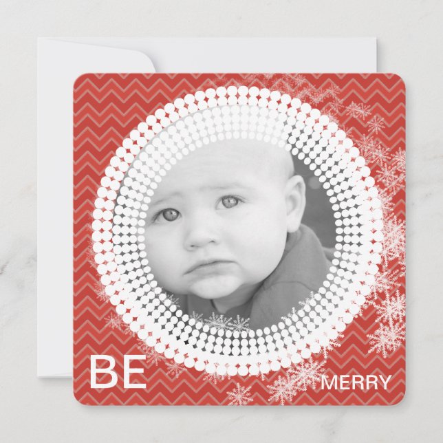 Your Photo Red Chevron SnowFlakes My 1st Christmas Holiday Card (Front)