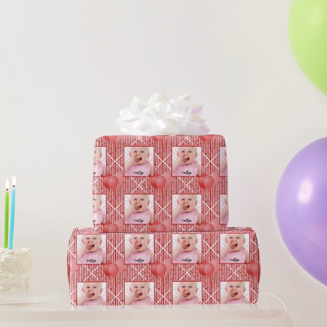 Your Photo Red/White Simple Stripes Pattern Wrapping Paper (Party Gifts)