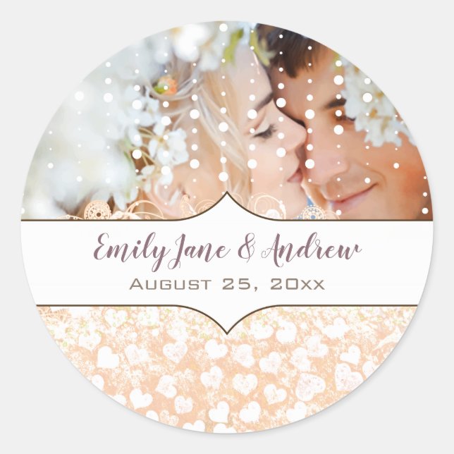 Your Photo Romantic HeartLeaf Rose Gold Pink Tree Classic Round Sticker (Front)