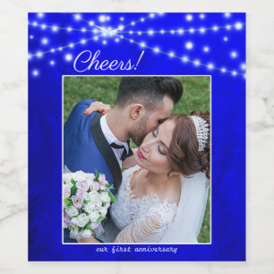 Your Photo Royal Blue Anniversary String Lights Wine Label