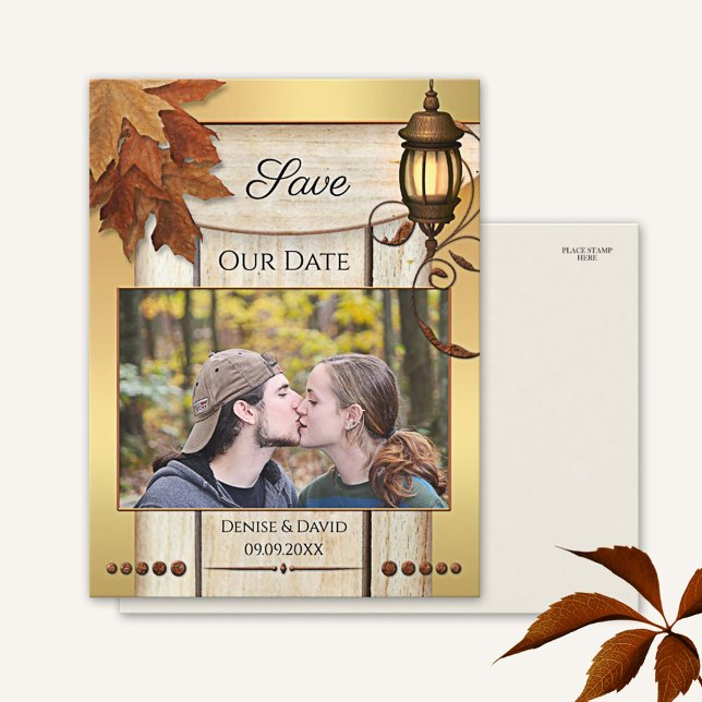 Your Photo Rustic Fall Leaves Gold Save the Date Postcard (Creator Uploaded)