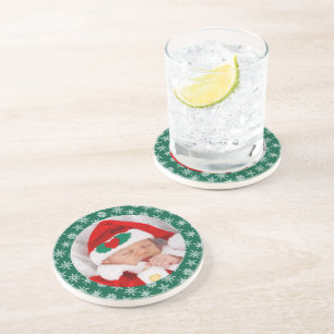 Your Photo Santa Baby Green Background Snowflakes Coaster