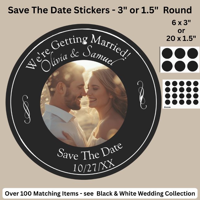 Your Photo, Save The Date, Black & White Infinity Classic Round Sticker (Creator Uploaded)