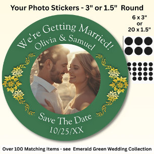Your Photo, Save The Date, Emerald Green & Gold Classic Round Sticker
