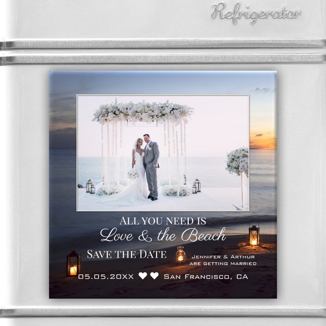 Your Photo Sea Sunset Save the Date Magnet (An elegant photo magnet featuring your custom photo in a beach scene at sunset.)