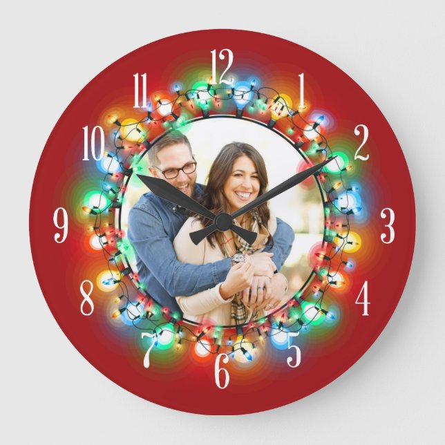 Your Photo Shining Christmas Bulbs Large Clock (Front)