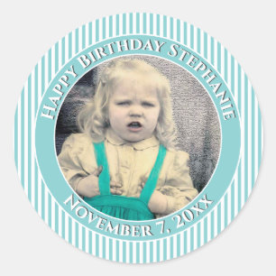 Your Photo Simple Stripes Pattern Aqua/White Classic Round Sticker